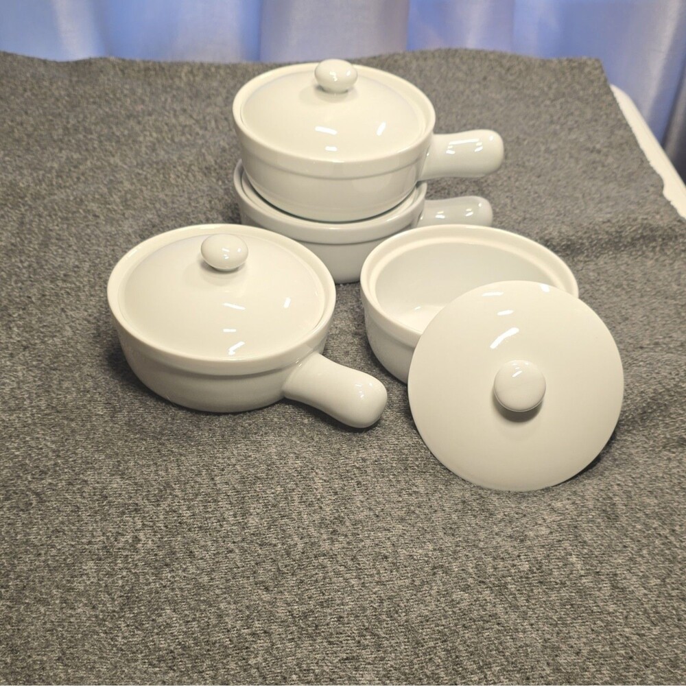Everyday White Ceramic Bowls with Handles & Lids, Microwave/Oven Safe, Set of 4